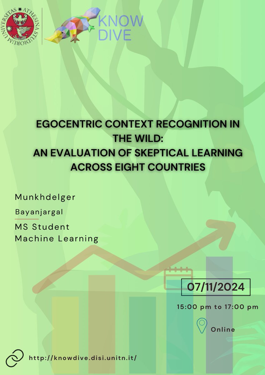 Join us for a Knowdive Group seminar hosted by our member Munkhdelger Bayanjargal, a MS student, who will present "Egocentric Context Recognition in the Wild: An Evaluation of Skeptical Learning Across Eight Countries". 
Online at: meet.google.com/iwb-nfcd-fse