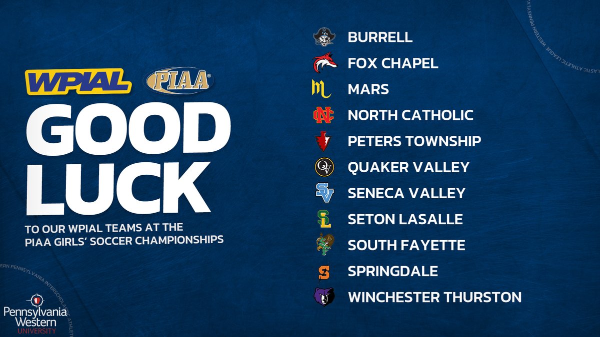 WPIAL (@wpial7) on Twitter photo Good luck to <a href="/BSDBucs/">Burrell School District</a>, <a href="/FxCAthletics/">Fox Chapel Area Athletics</a>, <a href="/MASDFP/">Mars Area Athletic Department</a>, <a href="/NCForeverTrue/">North Catholic High School</a>, <a href="/PetersTwpSports/">Peters Township Sports</a>, <a href="/QVAthletics/">Quaker Valley Athletic Office</a>, <a href="/SV_Sports/">Seneca Valley Sports</a>, <a href="/SLS_Athletics/">Seton LaSalle Athletics</a>, <a href="/sflionssports/">South Fayette Sports</a>, <a href="/SpringdaleAthl1/">Springdale Athletics</a>, and <a href="/wt_news/">Winchester Thurston School</a> competing in the <a href="/PIAASports/">PIAA</a> Girls' Soccer Championships! Win the gold! 🥇
#WPIAL | ⚽️🏆 | <a href="/PennWestUniv/">PennWest University</a> Good luck to <a href="/BSDBucs/">Burrell School District</a>, <a href="/FxCAthletics/">Fox Chapel Area Athletics</a>, <a href="/MASDFP/">Mars Area Athletic Department</a>, <a href="/NCForeverTrue/">North Catholic High School</a>, <a href="/PetersTwpSports/">Peters Township Sports</a>, <a href="/QVAthletics/">Quaker Valley Athletic Office</a>, <a href="/SV_Sports/">Seneca Valley Sports</a>, <a href="/SLS_Athletics/">Seton LaSalle Athletics</a>, <a href="/sflionssports/">South Fayette Sports</a>, <a href="/SpringdaleAthl1/">Springdale Athletics</a>, and <a href="/wt_news/">Winchester Thurston School</a> competing in the <a href="/PIAASports/">PIAA</a> Girls' Soccer Championships! Win the gold! 🥇
#WPIAL | ⚽️🏆 | <a href="/PennWestUniv/">PennWest University</a>
