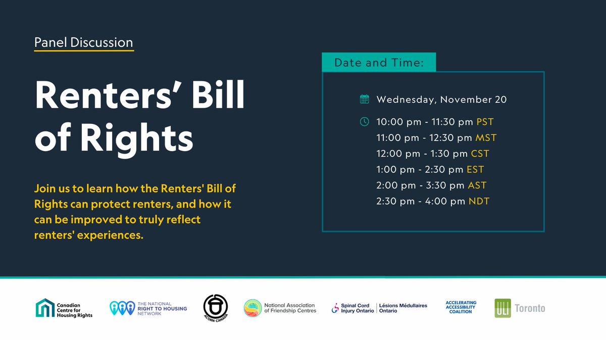 HousingRightsCA's tweet photo. Join us on Nov. 20 for a national panel discussion on the Renters’ Bill of Rights!

Hear from renters &amp; advocates across Canada on how the Renters’ Bill of Rights can protect renters &amp; be strengthened to truly reflect renters' experiences.

Register: https://t.co/4Zptn0jryg https://t.co/AHqKxs6hJu