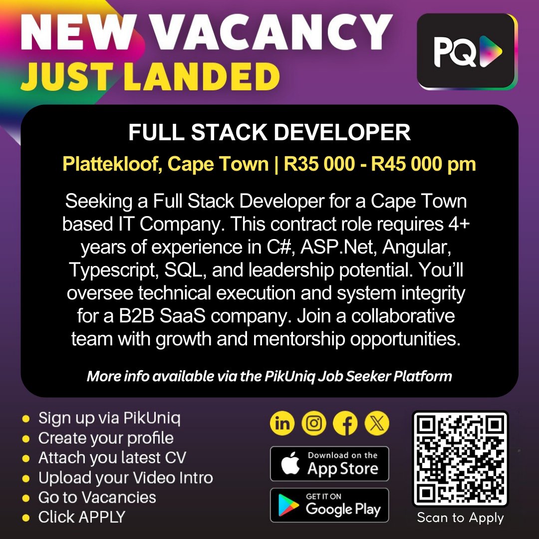 PikUniq's tweet photo. ☑ New Job Opportunity: #FullStackDeveloper

Explore this role and apply by creating your professional profile on the @PikUniq Job Seeker Platform.

Access @PikUniq anytime, anywhere—on mobile or desktop 👉 https://t.co/cobnljljYB

#PikUniq #JobSeekersSA #SAJobs #OpenToWork https://t.co/NJHvAhYwz9