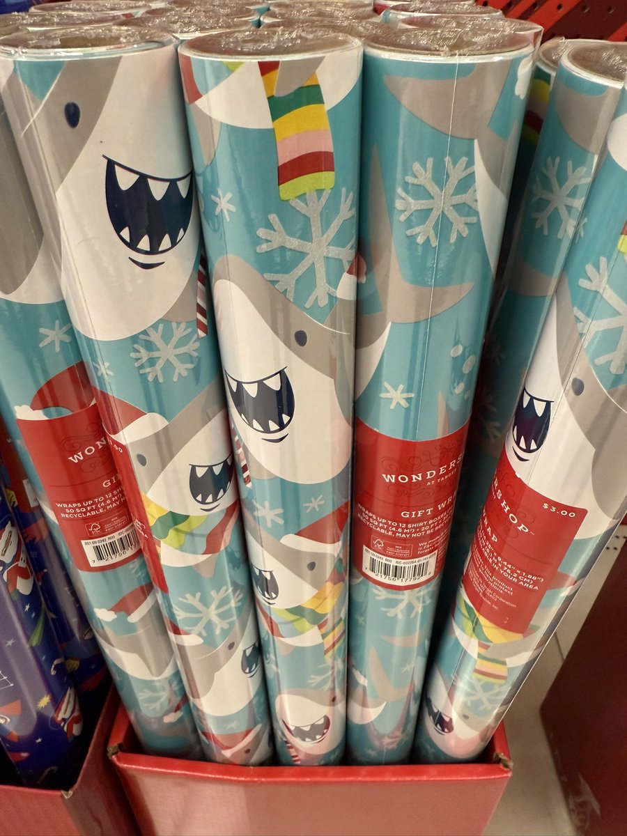 MA_Sharks's tweet photo. There will come a year when I won’t be able to find shark themed wrapping paper at @Target but it will not be this year! 🎅🏻🦈
#SharksNearMe #SantaJaws https://t.co/iZeydrYnH6