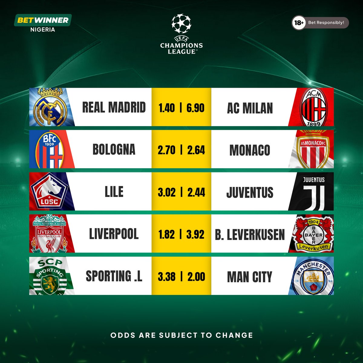 BetwinnerNg's tweet photo. Exciting Champions League matchups are coming your way again this week! Log in to your Betwinner app and stake on your favourite teams now! 🫵🏾 https://t.co/AkHd3NoYRF