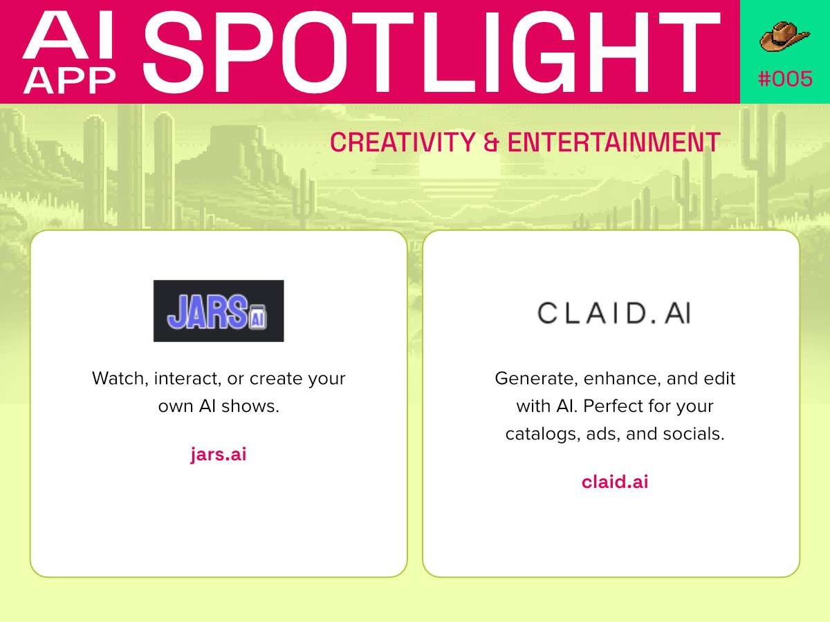 GoodBadUgly_AI's tweet image. 🔦 AI APP SPOTLIGHT #005 
Check out today's spotlight on AI apps under the following category: 

 - CREATIVITY &amp;amp; ENTERTAINMENT -  

JARS AI jars.ai
Claid AI claid.ai

#AICreators #AIImaging #artificalintelligence