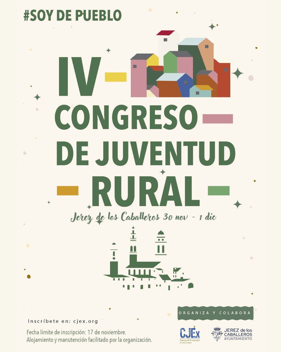 🗓️Del 30 de noviembre al 1 de diciembre celebramos nuestro IV 𝐂𝐨𝐧𝐠𝐫𝐞𝐬𝐨 𝐝𝐞 𝐉𝐮𝐯𝐞𝐧𝐭𝐮𝐝 𝐑𝐮𝐫𝐚𝐥
Esta vez nos vemos en Jerez de los Caballeros 📍es un evento gratuito, donde cubrimos el alojamiento y la manutención.
Puedes apuntarte hasta el 17 de noviembre en