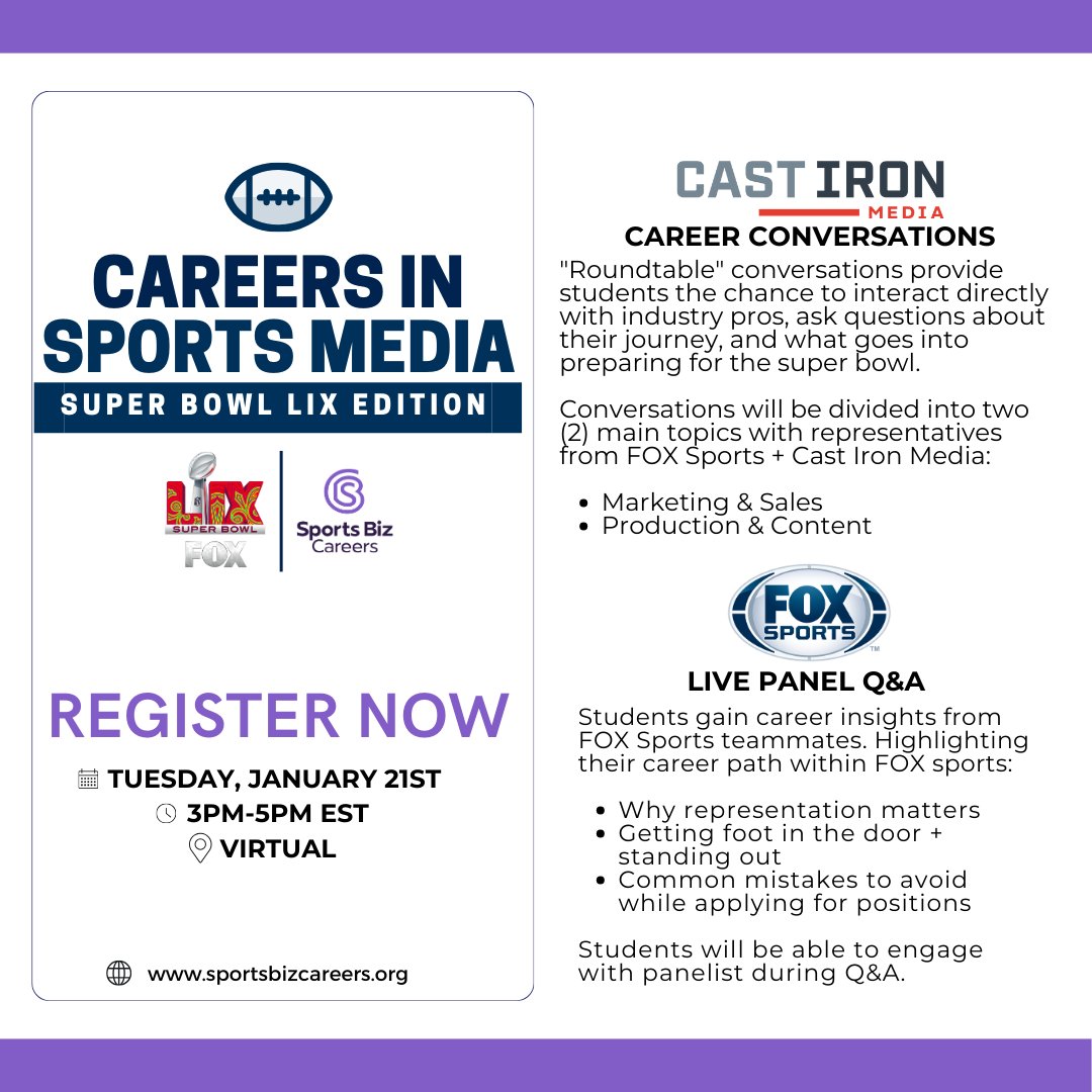 🚨ATTENTION ALL COLLEGE STUDENTS: Interested in a career in sports media? This is the event for you!

🗓️Tuesday, January 21st, 2025
⏰ 3pm-5pm EST
📍 Virtual via Zoom
🖋️ REGISTER HERE: Link in Bio!
🆓 NO COST TO ATTEND
🎟️ Only 75 Seats Available!

Visit sportsbizcareers.org!