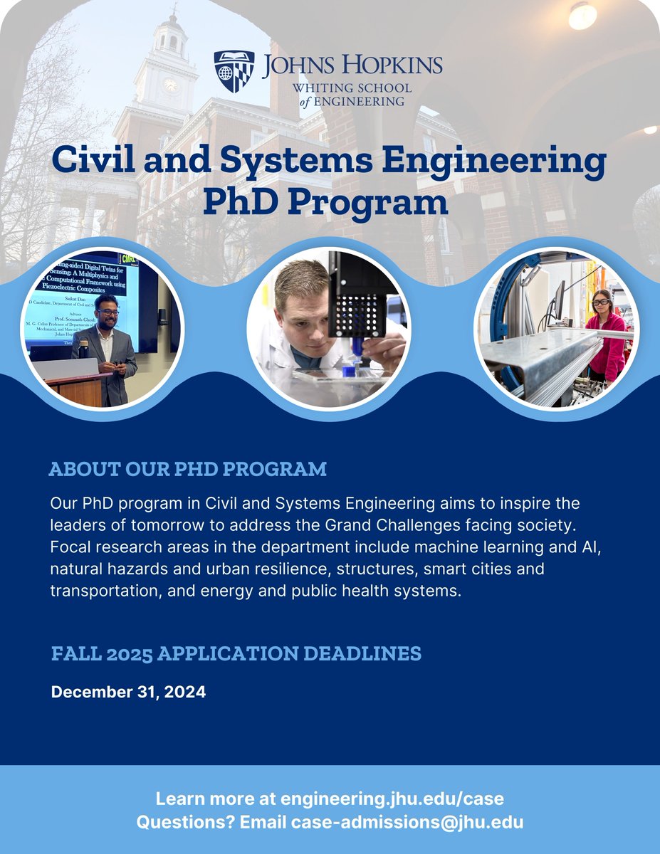 JHU Civil and Systems Engineering (@jhucase) on Twitter photo The deadline to apply to our PhD program is December 31st! PhD students receive full tuition, a stipend, and benefits (including health insurance) throughout the program. Join <a href="/JHUCaSE/">JHU Civil and Systems Engineering</a> and help us address the Grand Challenges that society faces. engineering.jhu.edu/case/research/… The deadline to apply to our PhD program is December 31st! PhD students receive full tuition, a stipend, and benefits (including health insurance) throughout the program. Join <a href="/JHUCaSE/">JHU Civil and Systems Engineering</a> and help us address the Grand Challenges that society faces. engineering.jhu.edu/case/research/…