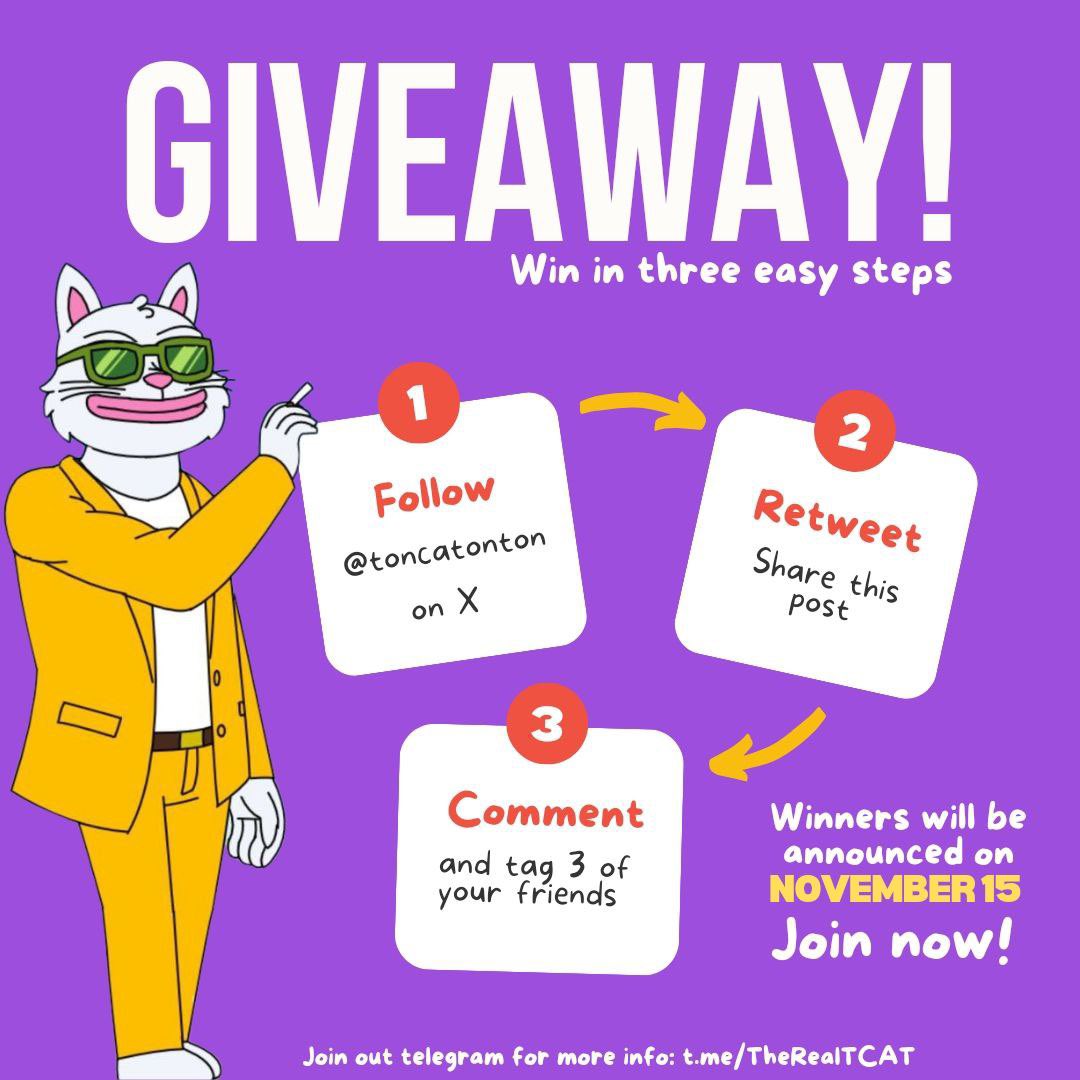 TonCatonTon's tweet image. $500 GIVEAWAY 🚨 

COMPLETE the 3 steps BELOW to have a chance of WINNING! 

The WINNERS will be ANNOUNCED on 15th November 2024 👀🚀