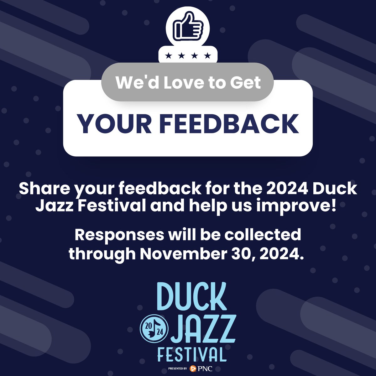 DuckJazzFest's tweet photo. Have you taken a moment to take our 2024 Duck Jazz Festival survey? Please let us know about your experience and help us fine-tune the rhythm of future festivals by taking our survey. 
The survey is open through November 30, 2024. https://t.co/L1AQcBfcYa https://t.co/rIflCYPoEy
