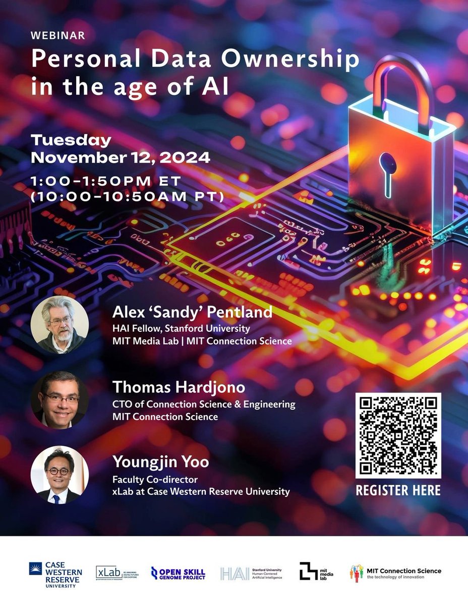 Morgan Frank (@mrfrank5790) on Twitter photo Join us for a webinar combining AI, data privacy, and digital transformation:
– <a href="/alex_pentland/">Alex Pentland</a> (MIT/Stanford)
– <a href="/ThomasHardjono/">Thomas Hardjono</a> (MIT)
– <a href="/YoungjinYoo/">Youngjin Yoo</a> (CWRU) – <a href="/cwruxLab/">xLab</a>
📷 Nov 12, 2024
📷 1:00 – 1:50pm ET (10:00 – 10:50 PT)
Register now: cwru.zoom.us/.../reg.../WN_…... Join us for a webinar combining AI, data privacy, and digital transformation:
– <a href="/alex_pentland/">Alex Pentland</a> (MIT/Stanford)
– <a href="/ThomasHardjono/">Thomas Hardjono</a> (MIT)
– <a href="/YoungjinYoo/">Youngjin Yoo</a> (CWRU) – <a href="/cwruxLab/">xLab</a>
📷 Nov 12, 2024
📷 1:00 – 1:50pm ET (10:00 – 10:50 PT)
Register now: cwru.zoom.us/.../reg.../WN_…...