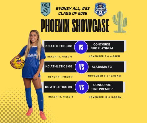 PUMPED for another desert showcase in Phoenix 🌵 Would love for you to come watch my <a href="/KCACElite08ECNL/">KC Athletics Academy Elite 08 ECNL</a> team play‼️ SCHEDULE BELOW⬇️

<a href="/TopDrawerSoccer/">TopDrawerSoccer</a> <a href="/ImYouthSoccer/">ECNL/GA/Recruiting/College Soccer</a> 
<a href="/ImCollegeSoccer/">College Soccer Truth ™</a> <a href="/PrepSoccer/">Prep Soccer ⚽️</a>