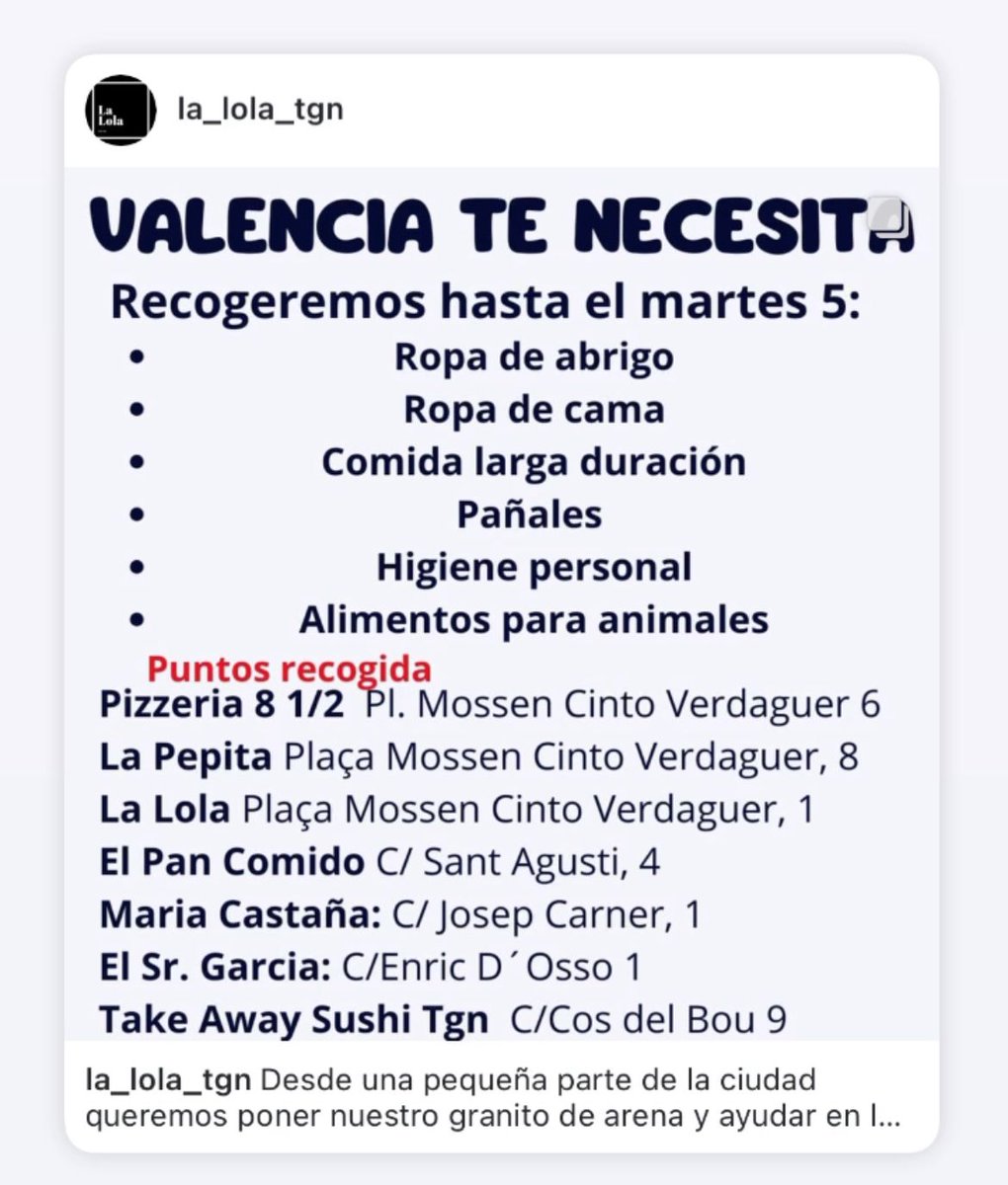 Us recordem que al barri han sorgit algunes iniciatives per col·laborar amb les persones afectades per les inundacions a València. #Tarragona