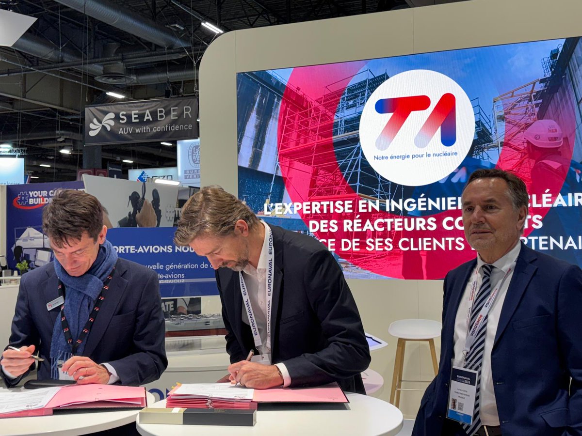 #partenariat | 2ème accord-cadre signé aujourd'hui au stand TA au <a href="/SalonEuronaval/">EURONAVAL</a> !
👉 TA et Vanatome renforcent  leur coopération pour l'étude, la fabrication et la maintenance de  vannes hydrauliques pour les futures chaufferies des navires de la Marine nationale
#nucléaire