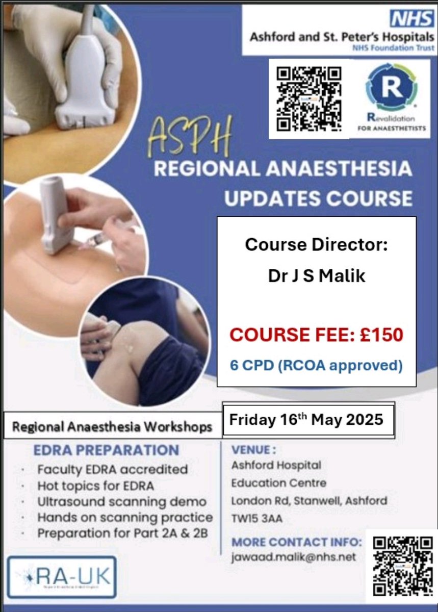 🎓 Join us for the ASPH Regional Anaesthesia Updates Course for preparation for EDRA exams
🗓️ Friday, 16th May 2025
📍 Ashford Hospital
💻 6 CPD (Royal College of Anaesthetists approved)
💰 Delegate fee: £150

🔗 Book now: bookcpd.com/course/asph-re…

 #RegionalAnaesthesia #EDRA