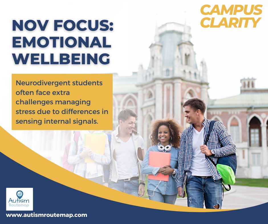 This month, we're focusing on emotional wellbeing. 

Neurodivergent students often experience overwhelm, social isolation &amp; burnout at university. 

If you're interested in our program, click here for more info: autismroutemap.com/campus-clarity

#universitylife #neurodiversity