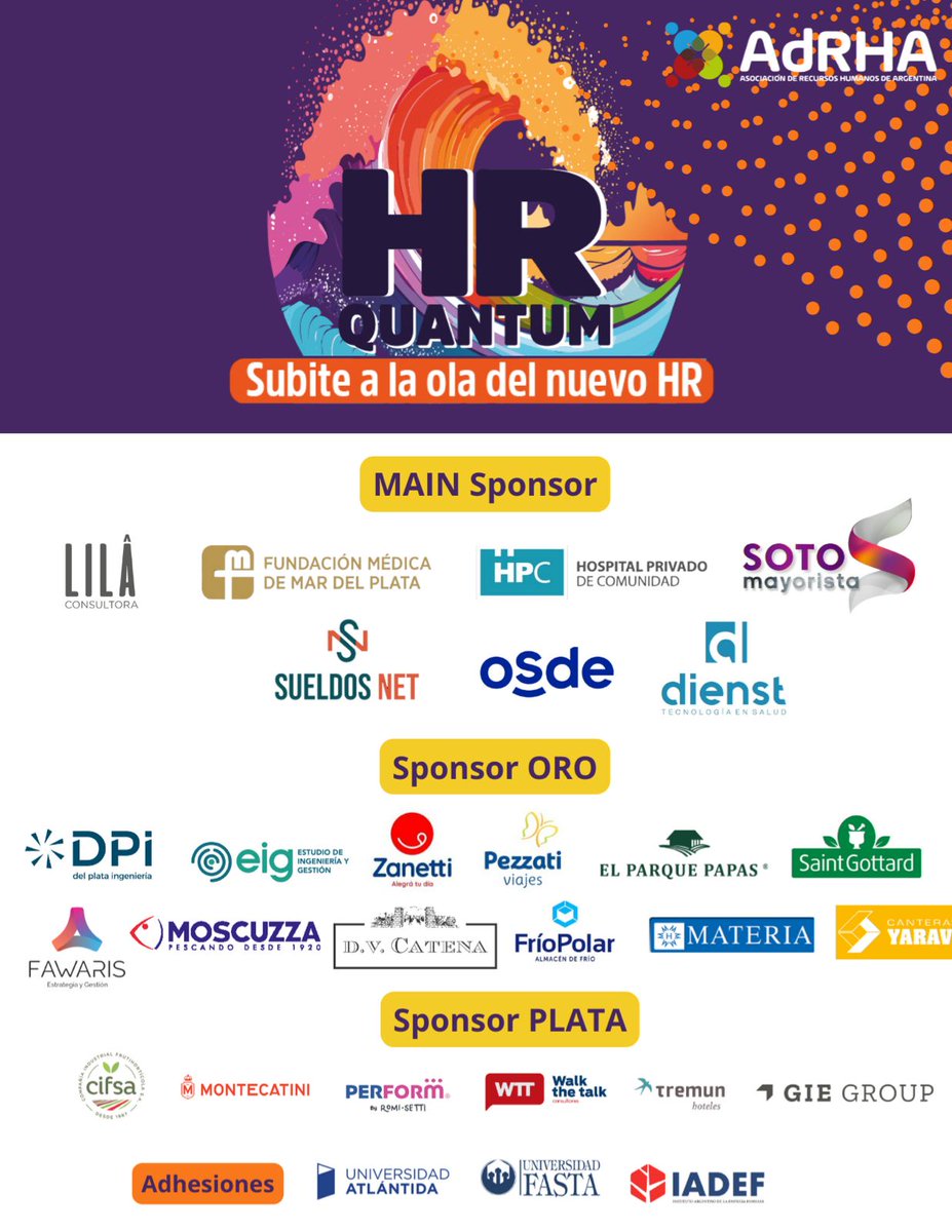 Buen día, a todos:

Deseamos agradecerles a todos nuestros sponsors Regionales por tantos años de acompañamiento y por el esfuerzo de participar en este Congreso Nacional ADRHA 2.024.
Asimismo agradecemos a las instituciones que adhirieron a la convocatoria.

Los esperamos...