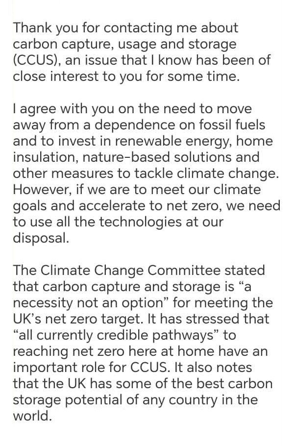 A carbon copy response from <a href="/justinmadders/">Justin Madders</a> to a constituent who presented him with specific information and posed serious questions about <a href="/HyNetNW/">HyNet</a> and #CCS. Our local MPs are evidently unable or unwilling to question the narrative. Congrats to the fossil fuel lobby, it's working.