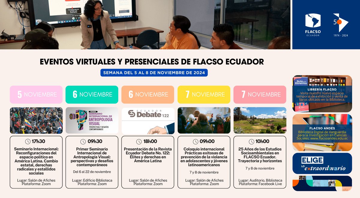 FLACSOec's tweet photo. 🗓🤓 Esta semana en FLACSO Ecuador te invitamos a una variedad de eventos virtuales y presenciales que no te puedes perder.
Más información »» https://t.co/LhMumBzs3S
#FLACSOEcuador #EventosFLACSO #ComunidadFLACSO #EligeloExtraordinario #ADNFLACSO https://t.co/DileeX9qsO