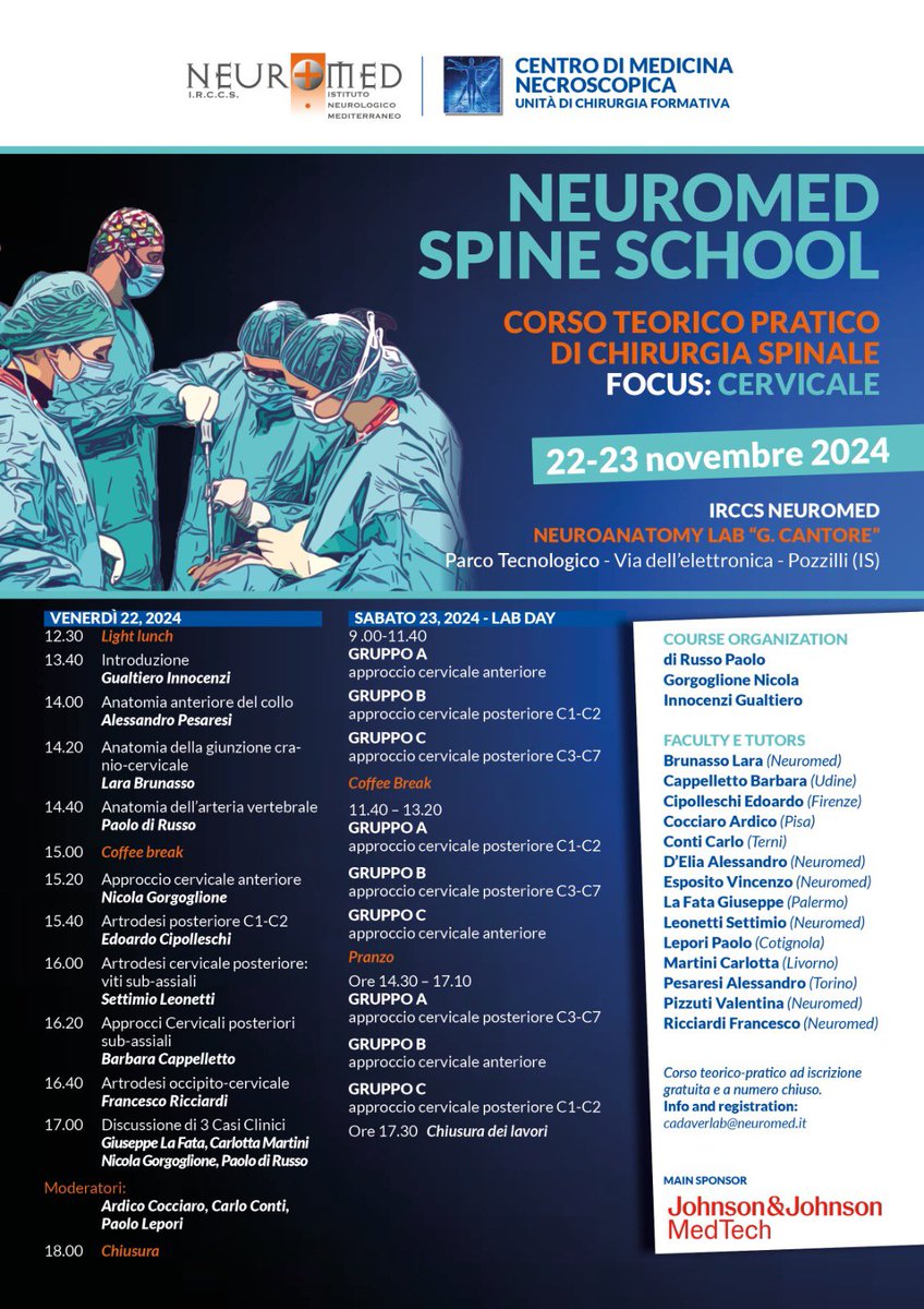 Neuromed spine school. Corso teorico pratico di chirurgia spinale focus: cervicale.    

- 22-23 novembre 2024- IRCCS
#cadaverlab #medicinanecroscopica #cadaverlabneuromed #chirurgiaformativa #corsocadaverlab #corsonch