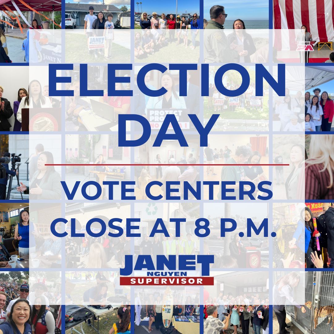 Happy Election Day! The future of our county is on the line. I humbly ask for your vote so we can make Orange County an even better, safer place to live, work and raise a family. Vote by 8 p.m. today! #TeamJanet #OCBOS