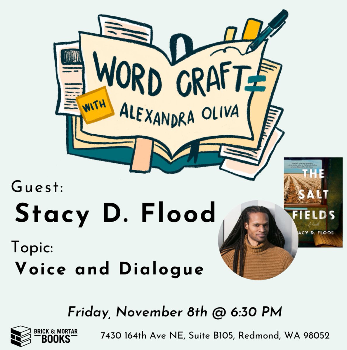 Thoroughly excited for this conversation for Word Craft with <a href="/ali_oliva/">Alexandra Oliva</a> at <a href="/BrckMrtrBooks/">Brick & Mortar Books</a> this Friday, November 8th at 6:30pm.

brickandmortarbooks.com/events/6054202…

Please consider joining us, particularly if I haven’t had a chance to say hello or to sign your copy of The Salt Fields yet! 😀