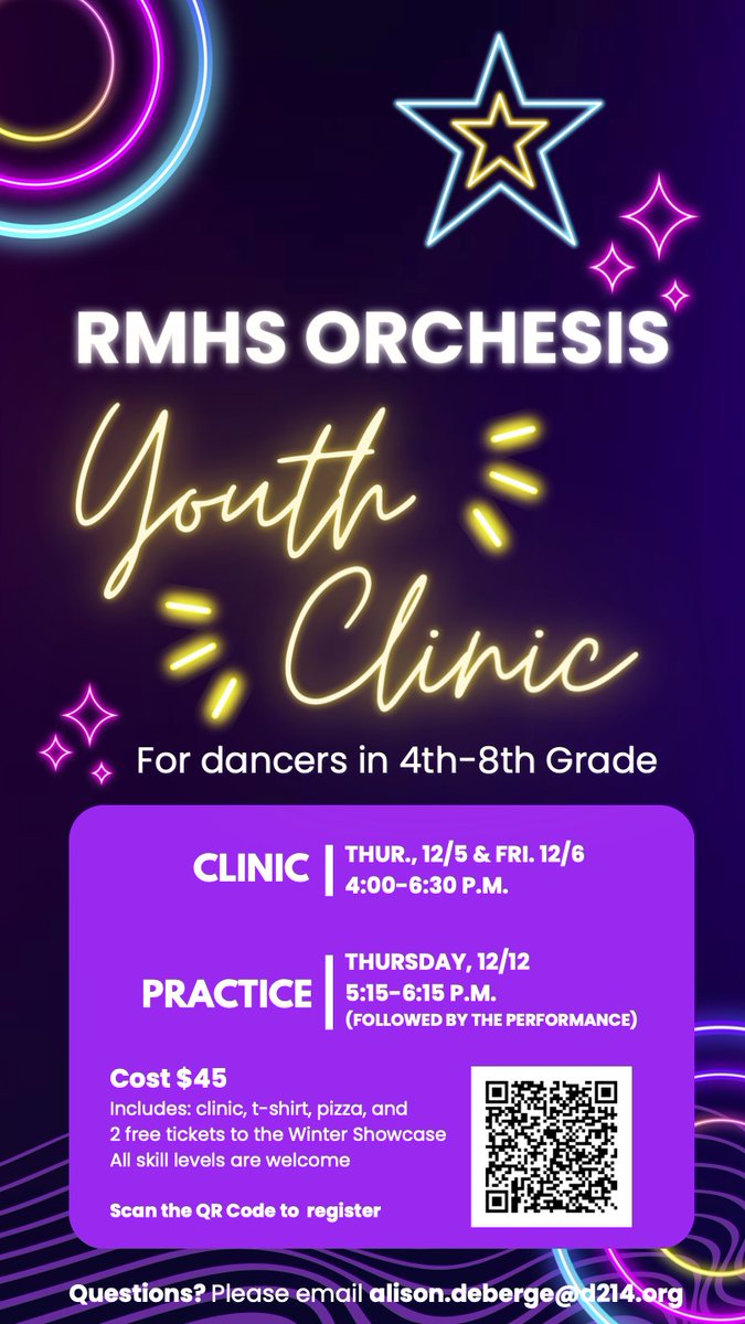 Are you a 4th-8th grader who loves to dance? Come share your passion with RMHS Orchesis- no dance experience is necessary! Our Youth Clinic gives dancers an opportunity to learn, bond and perform in our Winter Showcase!  Check out the flyer below for details.