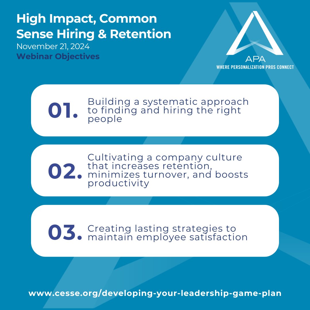 APA_HQ's tweet photo. You won't want to miss our upcoming webinar, High Impact, Common Sense Hiring &amp; Retention, with entrepreneur and business coach Bill Collier (Arch Engraving). Save your spot at: https://t.co/odwmYo287J | #webinar #businessstrategy #retention #recruitment #personalization https://t.co/rnYnH1asWF