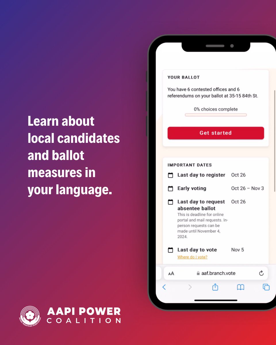 It's Election Day! Want a last minute refresher on your candidates and ballot measures? Know before you vote with Ballot Builder—available in Arabic, Bangla, Simplified and Traditional Chinese, Korean, Punjabi, Tagalog, and Urdu! aaf.branch.vote