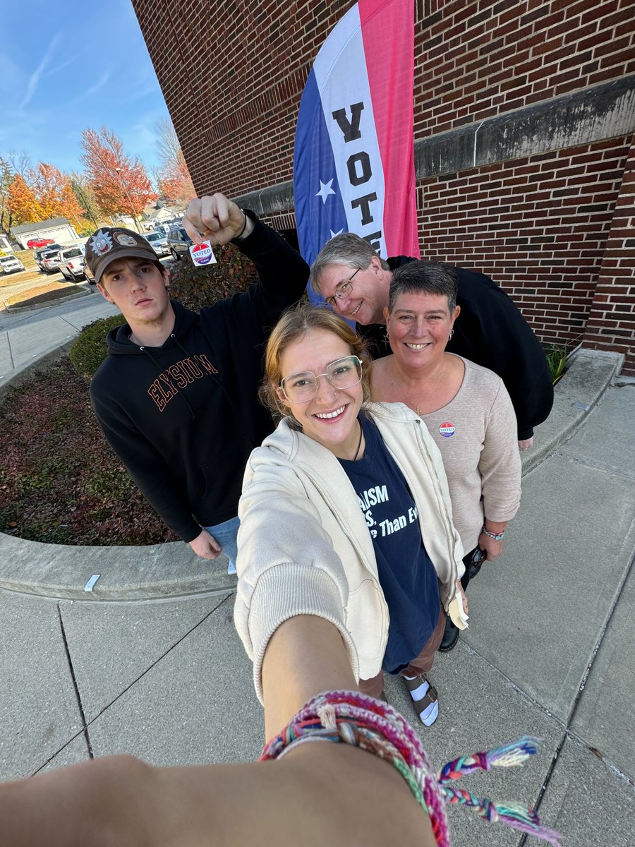 StatehouseFile's tweet photo. Maggie (and her cute fam) waited four hours to vote Saturday so she could cover the election today—her last time as a #StudentJournalist since she graduates next month. ❤️ #Election2024 #TheStatehouseFile https://t.co/hZxrkCZV70