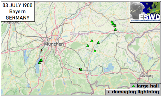 ESWD HISTORY - NEW FINDING:

03 JUL 1900:
Severe hailstorm(s) hit upper Bavaria areas with hail 5cm i.d. Windows smashed, fields devastated.

<a href="/meteomabe/">Marcus Beyer</a> <a href="/KreisRhein/">Stormchaser Rhein-Kreis-Neuss</a> <a href="/unwetter_info/">Unwetter-Bayern</a> <a href="/WetterSimon/">WUD Wetter-Unwetter Deutschland</a> <a href="/SturmarchivCH/">Swiss Severe Weather 🌪</a> <a href="/SCOberfranken/">SturmjagdOberfranken</a> <a href="/AaronStormchase/">Aaron Sperschneider</a> <a href="/ExtremeMeteo/">Extrême Météo</a> <a href="/alluringstorms/">alluringstorms 🇨🇦</a>
