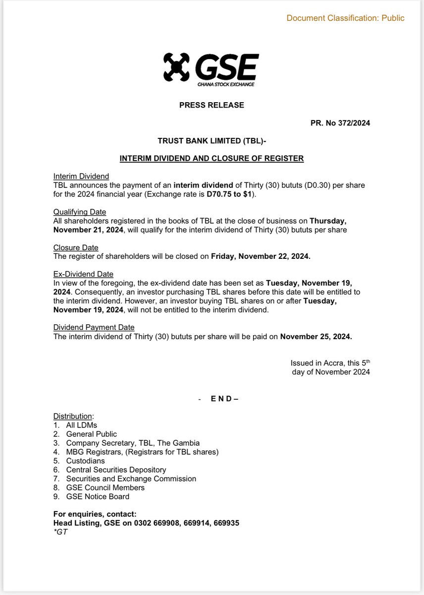 RepublicSecGh's tweet photo. TBL announces the payment of an interim #dividend of Thirty (30) bututs (D0.30) per share for the 2024 financial year (Exchange rate is D70.75 to $1). #PressRelease #GSE https://t.co/4yQM7Yvmjn