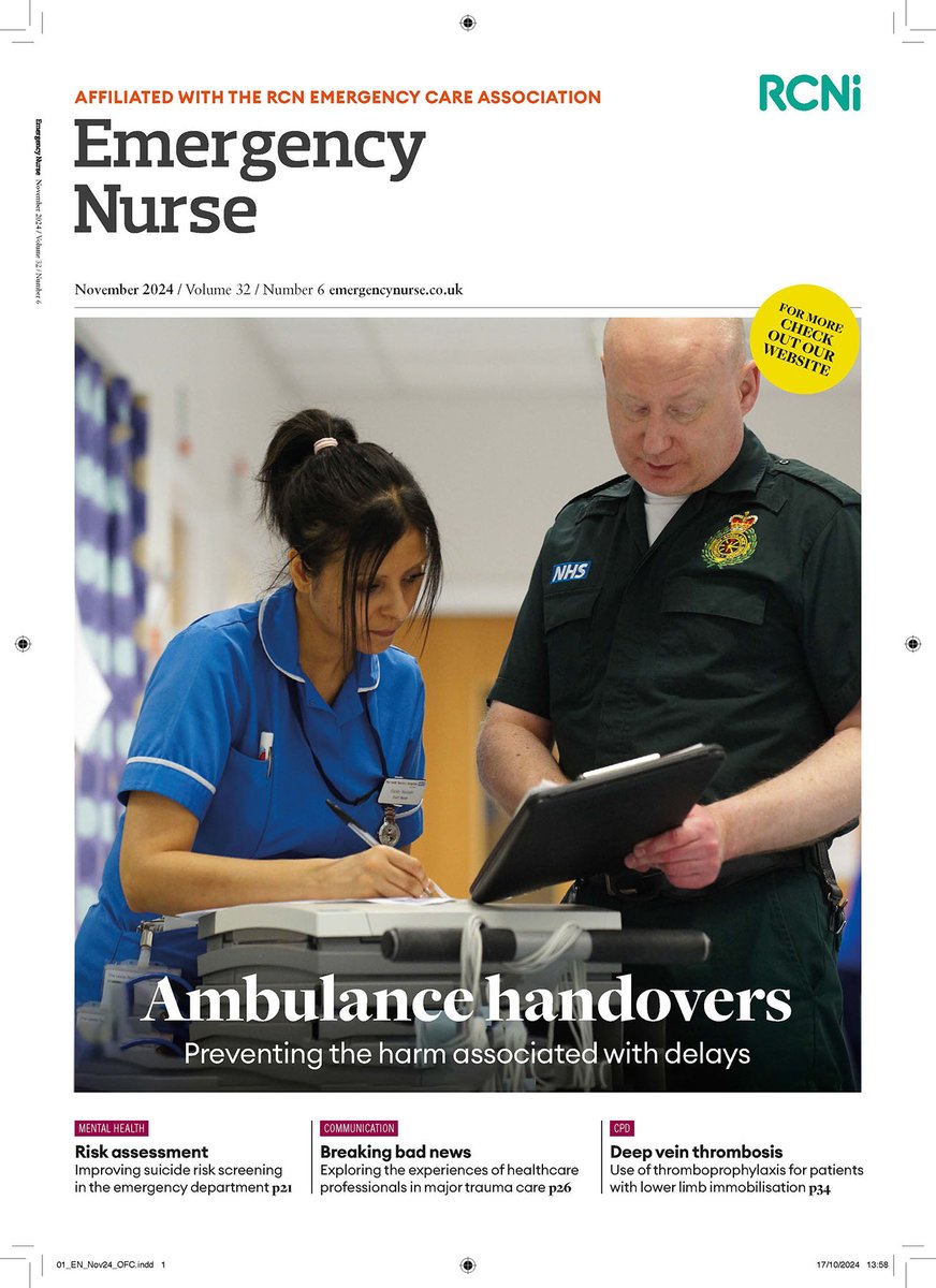 Emergency Nurse November is OUT! 

How to remove delays to ambulance handovers, breaking bad news in trauma care, improving suicide risk screening, thromboprophylaxis and more...