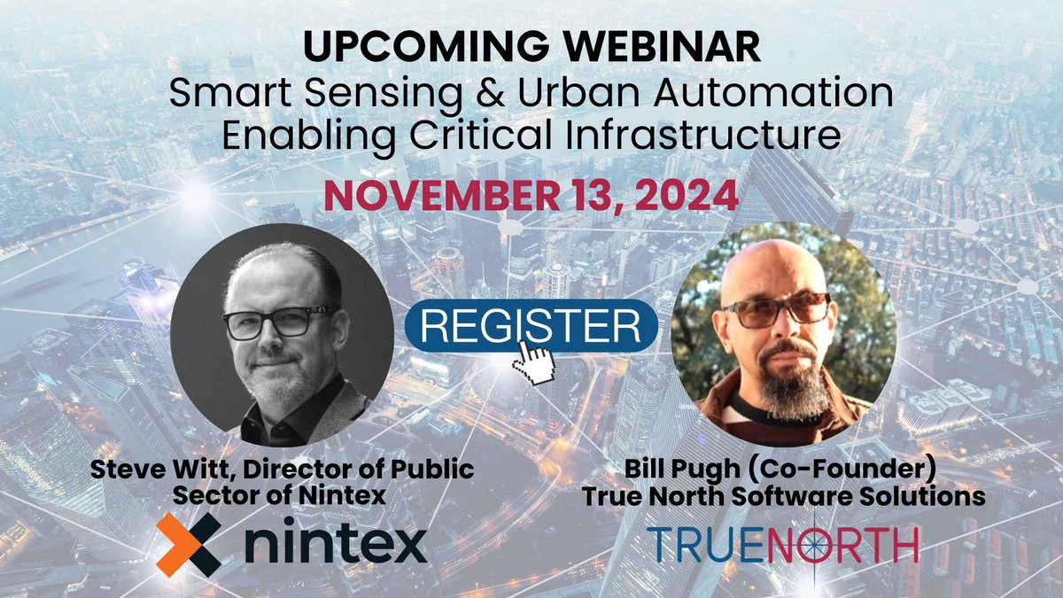 On-Demand Webinar “#SmartSensing &amp; Urban #Automation Enabling #CriticalInfrastructure” joined w/Steve Witt, Dir of #PublicSector of <a href="/Nintex/">Nintex</a> &amp; Bill Pugh, Co-Founder of TrueNorth

REGISTER: yourtruenorth.io/webinars.html  
#publicsafety #dataintelligence #incidentresponse #dispatching