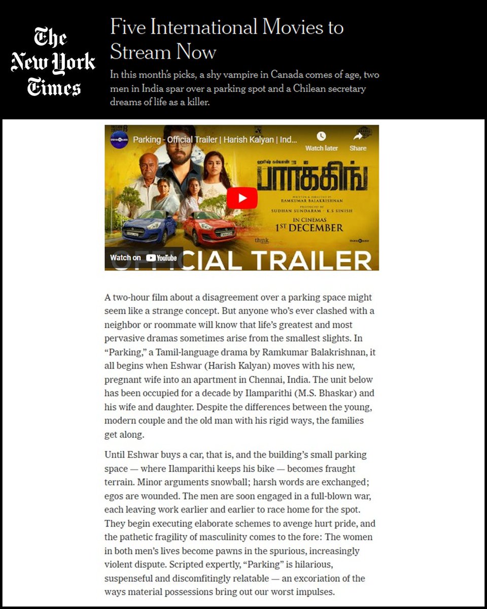 Soldiers Factory (@soldiersfactory) on Twitter photo Extremely delighted to have <a href="/iamharishkalyan/">Harish Kalyan</a>’s #Parking take a spot in the <a href="/nytimes/">The New York Times</a>'s this month's pick for 5 International movies to watch list 😍✨
Honoured to have this appreciation for a strong, content-driven movie that pushes us to deliver more and better 💥
You can watch Extremely delighted to have <a href="/iamharishkalyan/">Harish Kalyan</a>’s #Parking take a spot in the <a href="/nytimes/">The New York Times</a>'s this month's pick for 5 International movies to watch list 😍✨
Honoured to have this appreciation for a strong, content-driven movie that pushes us to deliver more and better 💥
You can watch
