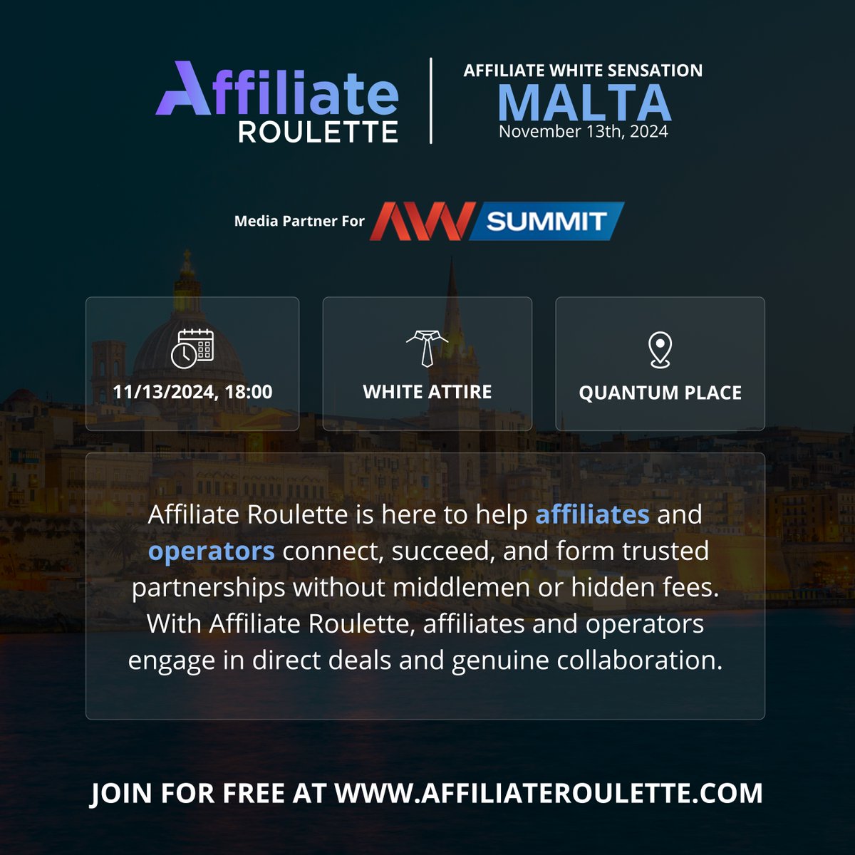 Affiliate Roulette is proud to be a Media Partner for <a href="/theAWMedia/">AWSummit</a> White Sensation Party in Malta at the Quantum Place on November 13, 2024 starting at 18:00 until 23:00!

Signup here -> awsummit.com/events/buchare…

#iGaming #AWSummit #AffiliateRoulette
