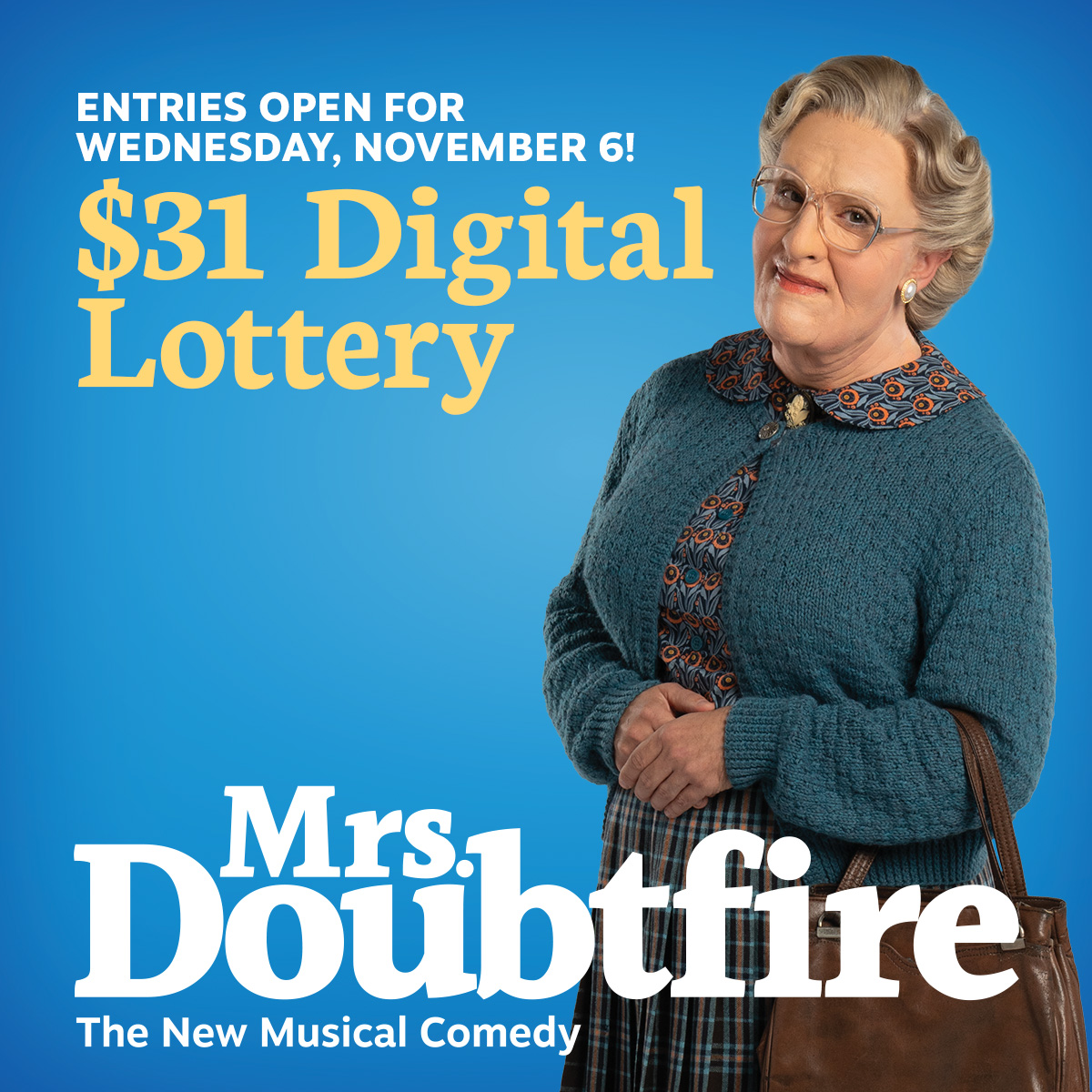 $31 Lottery Tickets 🎟️ Entries are now open for the Wednesday, Nov. 6, performance of MRS. DOUBTFIRE! The digital lottery closes at 3pm. Winners will have 1 hour to purchase their tickets so be sure to set an alarm!

🔗 lottery.broadwaydirect.com/show/doubtfire…