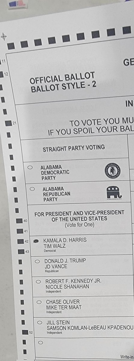 It's official. One blue vote in the sea of Alabama red. LFG!

#HarrisWalz2024 

(Yes we're allowed to photograph our own ballots here in Bama)
