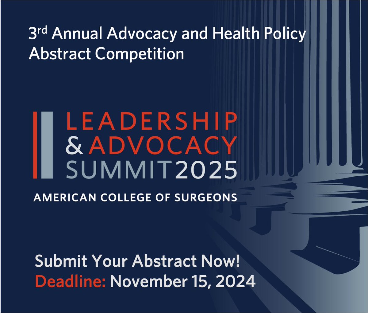 RAS-ACS (@rasacs) on Twitter photo 🚨 There’s still time to submit your abstract to the 2025 <a href="/AmCollSurgeons/">American College of Surgeons</a> Advocacy & Health Policy Abstract Competition!
Don’t miss out on your chance to share your work & receive up to $500 to travel to the 2025 Leadership & Advocacy Summit. #ACSLA25 🏛️
tinyurl.com/3mph44z9 🚨 There’s still time to submit your abstract to the 2025 <a href="/AmCollSurgeons/">American College of Surgeons</a> Advocacy & Health Policy Abstract Competition!
Don’t miss out on your chance to share your work & receive up to $500 to travel to the 2025 Leadership & Advocacy Summit. #ACSLA25 🏛️
tinyurl.com/3mph44z9