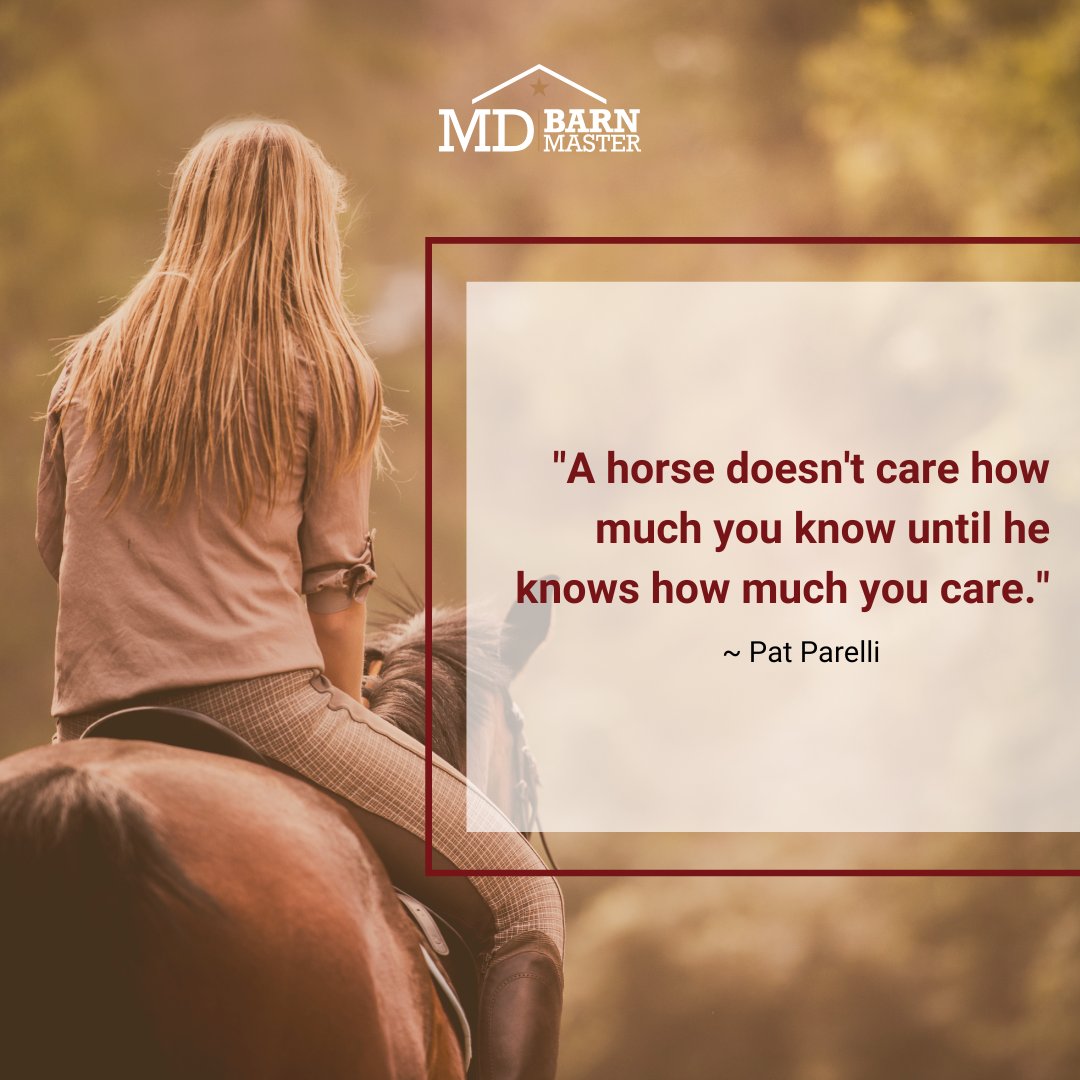 MDBarnmaster's tweet photo. Your quote for the day...

"A horse doesn't care how much you know until he knows how much you care." – Pat Parelli

#HorseQuotes #MDBarnmaster https://t.co/LzXimepa76