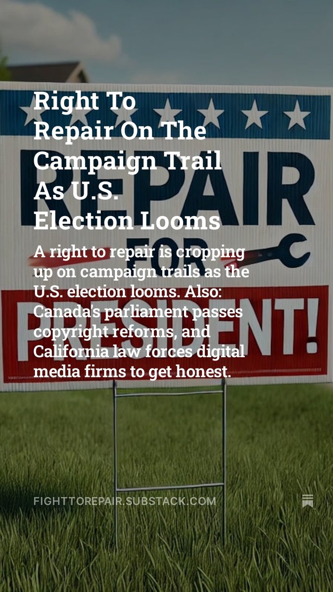 Fight to Repair News (@f2rnews) on Twitter photo Right To Repair On The Campaign Trail by <a href="/F2RNews/">Fight to Repair News</a> open.substack.com/pub/fighttorep… #righttorepair news from <a href="/repairerdriven/">Repairer Driven News</a> <a href="/MSN/">MSN</a> <a href="/realagriculture/">RealAgriculture</a> <a href="/netflix/">Netflix</a> <a href="/uspirg/">U.S. PIRG</a> <a href="/iFixit/">iFixit</a> and others. Right To Repair On The Campaign Trail by <a href="/F2RNews/">Fight to Repair News</a> open.substack.com/pub/fighttorep… #righttorepair news from <a href="/repairerdriven/">Repairer Driven News</a> <a href="/MSN/">MSN</a> <a href="/realagriculture/">RealAgriculture</a> <a href="/netflix/">Netflix</a> <a href="/uspirg/">U.S. PIRG</a> <a href="/iFixit/">iFixit</a> and others.