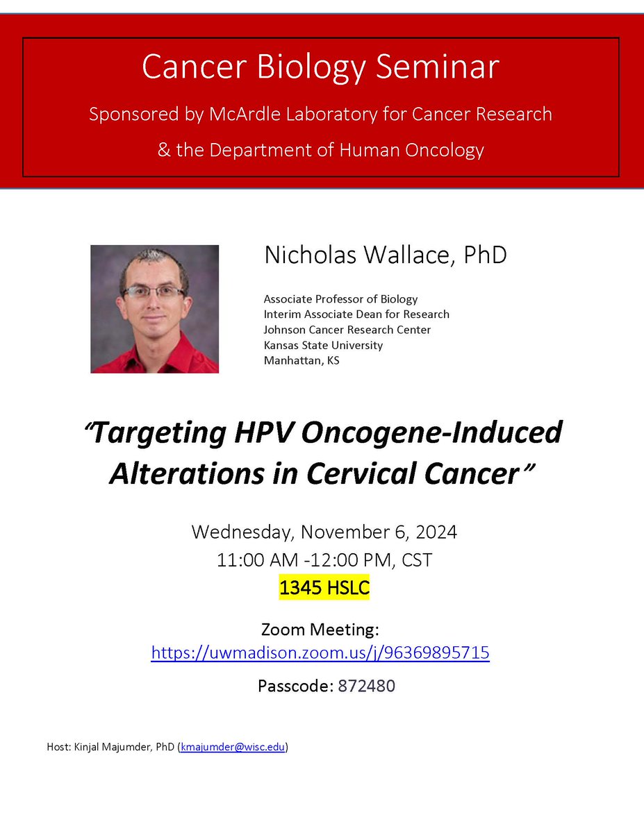 Tomorrow at 11 am CST: join in person or on Zoom for the latest #cancerbiologyseminar. Sponsored by  #mcardlelab uwmadison.zoom.us/j/96369895715