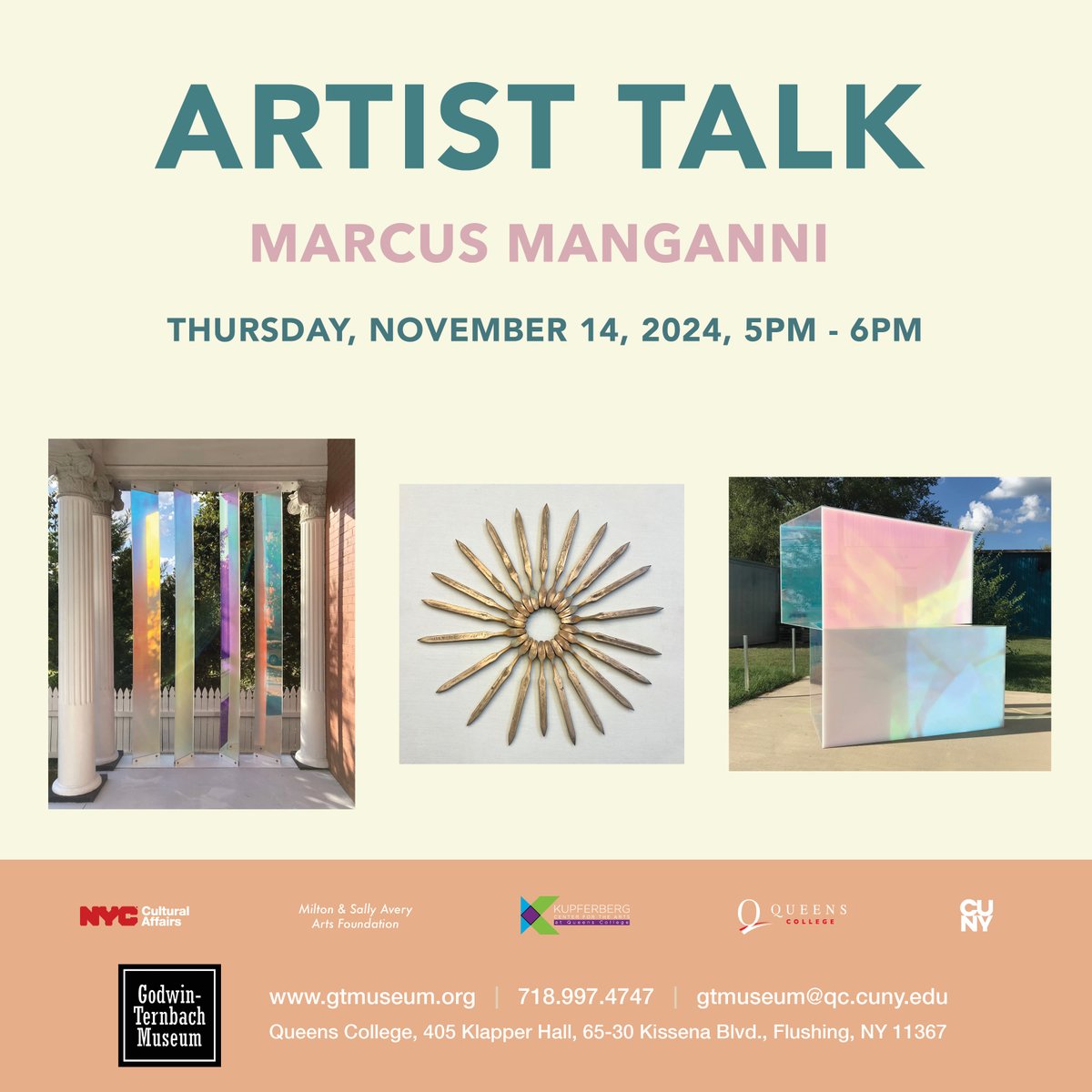Godwin Ternbach (@godwinternbach) on Twitter photo Join us for an Artist Talk with New York-based interdisciplinary artist, Marcus Manganni, on Thursday, November 14 from 5-6 PM.
This event is free. Registration is encouraged - email gtmuseum@qc.cuny.edu.
The museum is located in Klapper Hall, #405, on the Queens College campus. Join us for an Artist Talk with New York-based interdisciplinary artist, Marcus Manganni, on Thursday, November 14 from 5-6 PM.
This event is free. Registration is encouraged - email gtmuseum@qc.cuny.edu.
The museum is located in Klapper Hall, #405, on the Queens College campus.