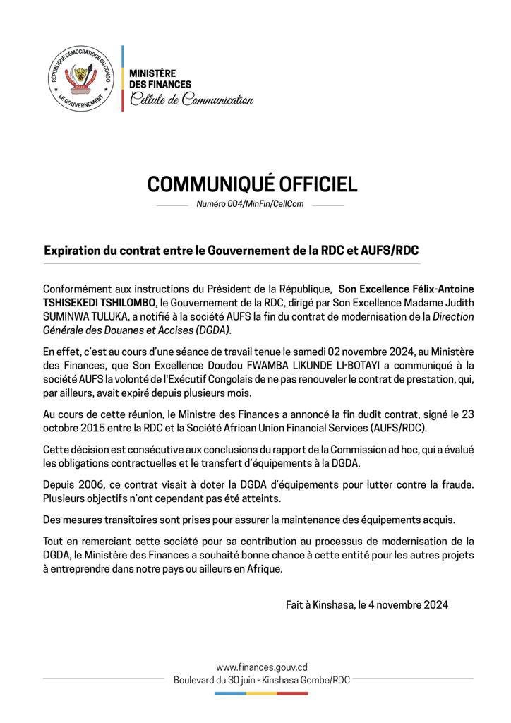 LePuissantCom's tweet image. #RDC| #Finance: Le Ministre des finances @LikundeR décide de résilier le contrat liant la #DGDA et #AUFS pour cause de non respect du contrat par #AUFS.
(Communiqué)
