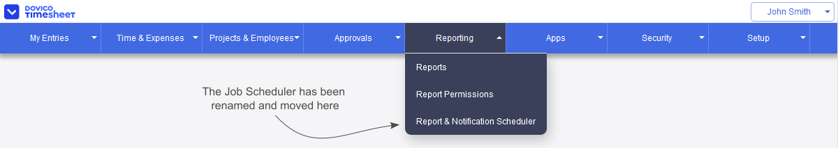 Coming with the Timesheet Fall Release in November, we've renamed the Job Scheduler to 'Report &amp; Notification Scheduler' and moved the menu item under Reporting.

#Dovico #Timesheet #Reports #Notifications #Schedule