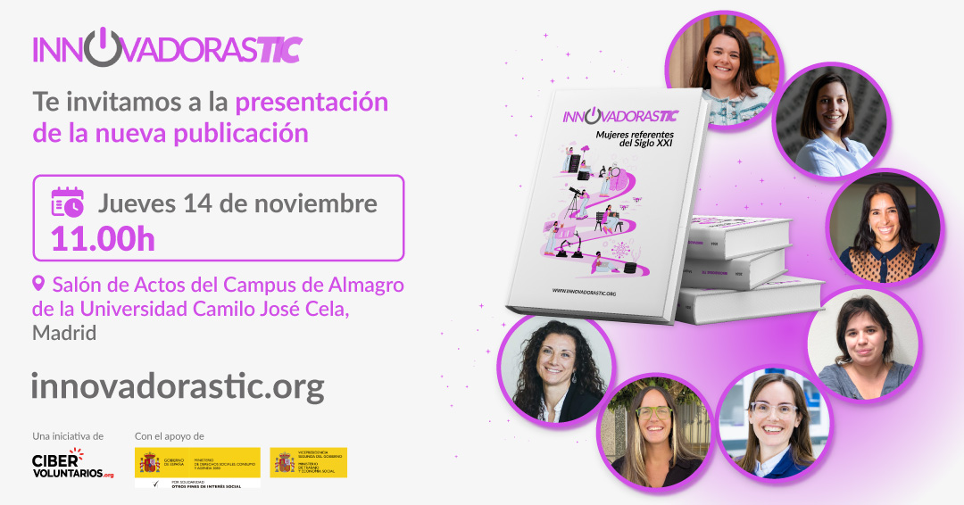 Innovadoras TIC (@innovadorastic) on Twitter photo Te invitamos a la presentación de la nueva publicación #InnovadorasTIC el próximo 14 de noviembre 👏 Más información en el cartel. 👇
Contaremos con la participación de algunas de sus protagonistas. 🙌
Descárgalo ya gratis📖👉ciber.be/qMs6ZX2E
🤝 <a href="/empleogob/">Ministerio Trabajo y Economía Social</a> y <a href="/MSocialGob/">Ministerio de Derechos Sociales, Consumo y A2030</a> Te invitamos a la presentación de la nueva publicación #InnovadorasTIC el próximo 14 de noviembre 👏 Más información en el cartel. 👇
Contaremos con la participación de algunas de sus protagonistas. 🙌
Descárgalo ya gratis📖👉ciber.be/qMs6ZX2E
🤝 <a href="/empleogob/">Ministerio Trabajo y Economía Social</a> y <a href="/MSocialGob/">Ministerio de Derechos Sociales, Consumo y A2030</a>