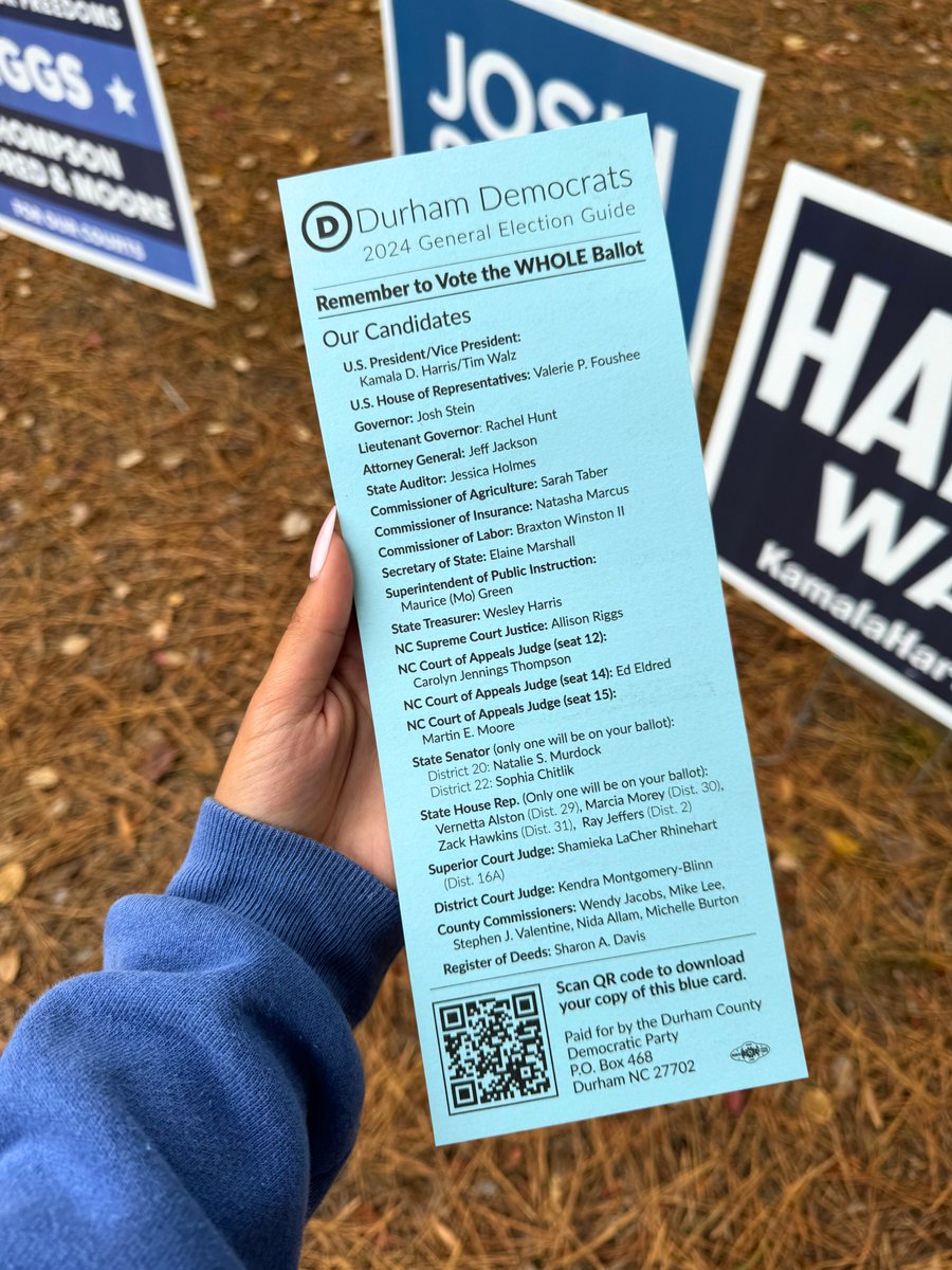 Election Day voters! 🗳️ Look for our “Blue Card” voting guide and our selfie frame at your polling place! Remember: vote BLUE all the way down the ballot, NO on the amendment, and YES on both bonds. See you at the polls!

#HarrisWalz2024 #DurhamNC #Vote #ElectionDay #Democrats