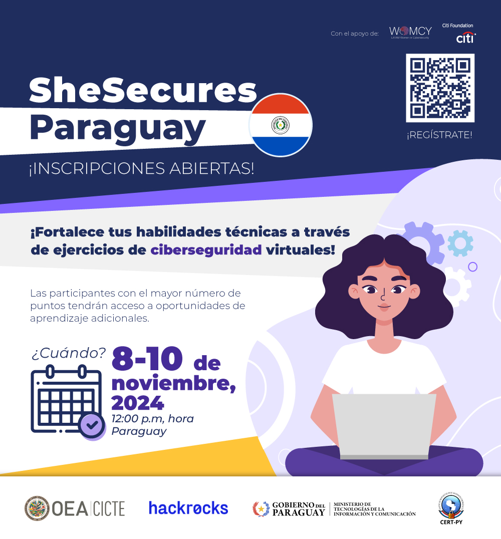 ¿Sos #Mujer, vivís en Paraguay🇵🇾 y querés iniciar una carrera en #Ciberseguridad?

Unite a #SheSecuresParaguay el 8 de noviembre

No necesitás experiencia previa, solo ganas de aprender. ¡Registrate antes de #MAÑANA 6 de noviembre!

Registro e info aquí👇
oas.org/ext/es/princip…