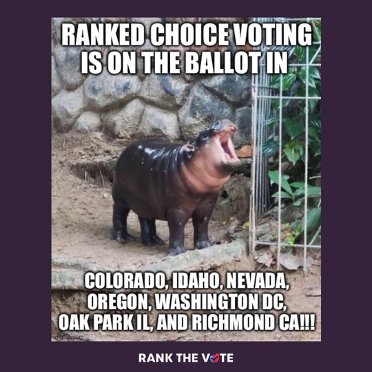 It's #ElectionDay and democracy reform is on the ballot!

There are initiatives for #RankedChoiceVoting and #OpenPrimaries in:

✅Arizona
✅Colorado
✅Idaho
✅Montana
✅Nevada 
✅Oregon
✅South Dakota
✅ Washington, D.C.
✅ Richmond, CA
✅ Oak Park, IL
✅ Peoria, IL