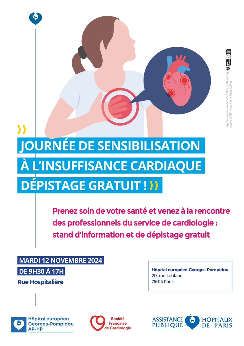 Hôpital européen Georges-Pompidou AP-HP (@hopitalpompidou) on Twitter photo Une journée de sensibilisation à l'insuffisance cardiaque est organisée mardi 12 novembre à partir de 9h30 à l'<a href="/HopitalPompidou/">Hôpital européen Georges-Pompidou AP-HP</a> <a href="/APHP/">Assistance Publique – Hôpitaux de Paris (AP-HP)</a>
Au programme : stand d'information et dépistage gratuit Une journée de sensibilisation à l'insuffisance cardiaque est organisée mardi 12 novembre à partir de 9h30 à l'<a href="/HopitalPompidou/">Hôpital européen Georges-Pompidou AP-HP</a> <a href="/APHP/">Assistance Publique – Hôpitaux de Paris (AP-HP)</a>
Au programme : stand d'information et dépistage gratuit