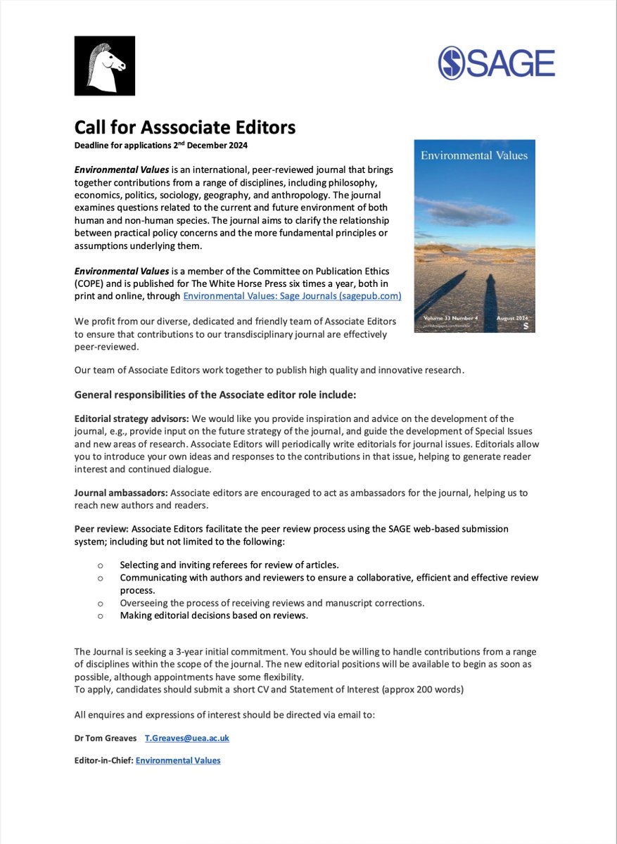 The White Horse Press (@whitehorsepress) on Twitter photo There's a new call for Associate Editors for 'Environmental Values'; detail attached. <a href="/SAGEPublishers/">SAGE Publications</a> #envhum There's a new call for Associate Editors for 'Environmental Values'; detail attached. <a href="/SAGEPublishers/">SAGE Publications</a> #envhum