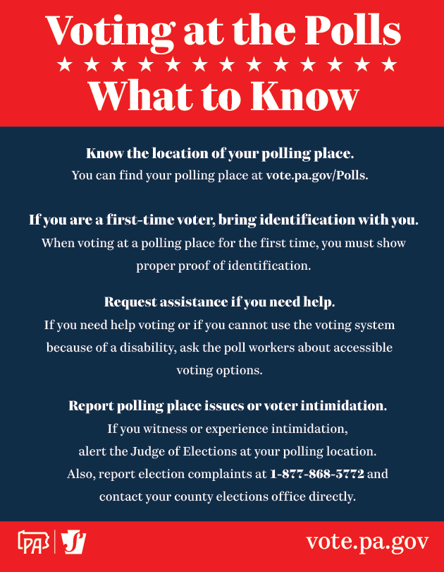 PAStateDept's tweet photo. Are you a first-time voter? Or has it been a while since you’ve voted in person? Follow these tips to ensure a smooth voting experience at the polls: https://t.co/dhPa4f6wYP

If you encounter any issues, speak to the Judge of Elections at your polling place or call the Department of State voter hotline at 1-877-868-3772.